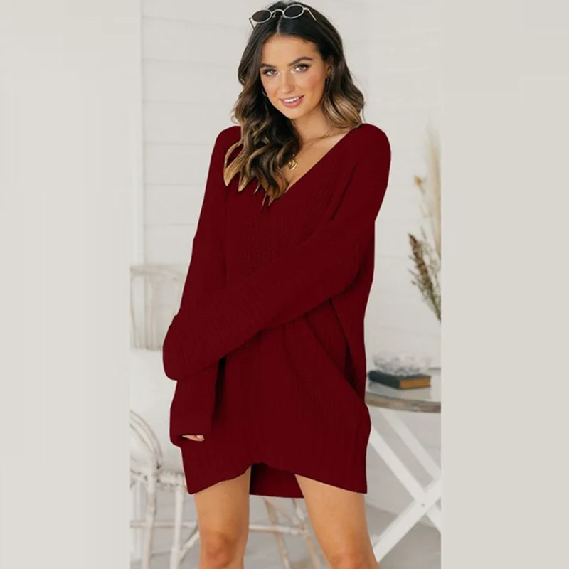 2020 knit women's sweater sexy loose v-neck sweater woman solid color long dress knit sweater new knit women's clothing