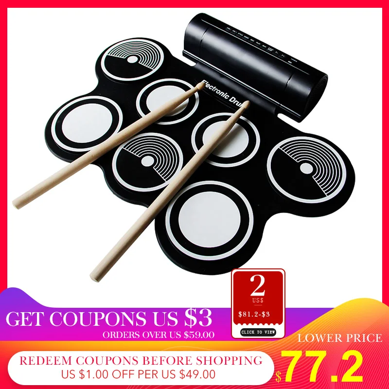 

Electronic drum 7 drum pad include crash cymbal/ride cymbal high/low tom/floor tom USB adapter with pedal