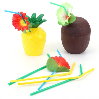 

Quality 12Pcs/Lot Pineapple Coconut Cups Fruit Shape Juice Party Drinking Cups with Flower Straws for Hawaiian Luau Summer Beach
