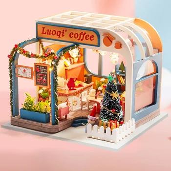 

DIY Wooden Assembled Coffee Shop Model Handmade Assembly Toys DIY doll House decor for Girls Birthday Gift