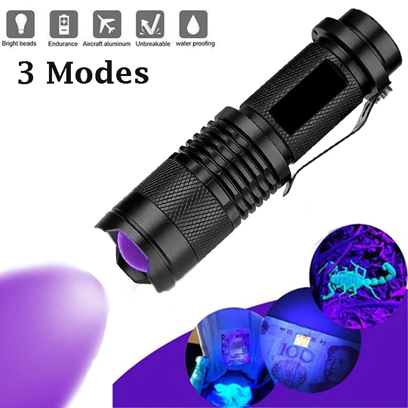 

UV LED Flashlight Mini Ultraviolet Torch 395nm Black light Zoomable Light Pet Urine Scorpion Feminine hygiene Detector