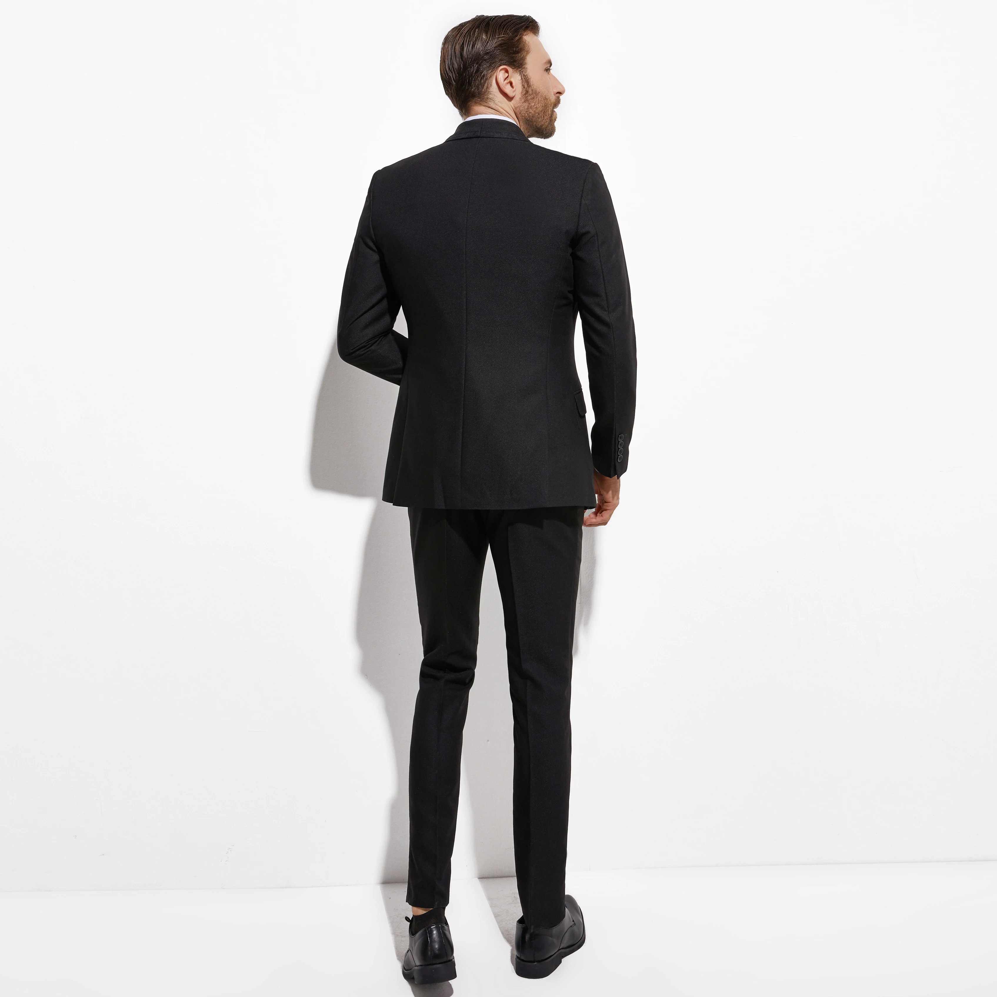 Custom Tailored Jacquard Tuxedo Suit for Men Shiny Black Pattern Wedding Attire with Contrast Shawl Lapel Textured Jacquard Vest