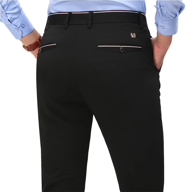 Pantalones de vestir elegantes para hombre, trajes de ocio sólidos, pantalones ceñidos formales, negro y azul, moda 2020