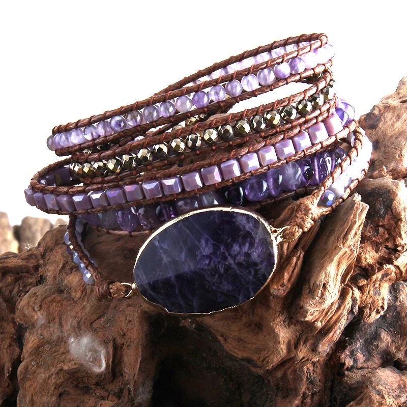 Mode Boho Kralen Armband Handgemaakte Gemengde Natuurstenen & Crystal Stone Charme 5 Strengen Wrap Armbanden Vrouwen Cadeau