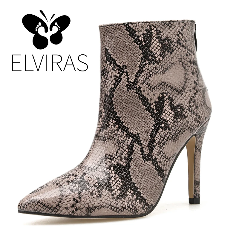 

ELVIRAS New Women Zip Snake Leather Booties Autumn Ankle Boots Pointed Toe Ladies Thick High Heels Female Fashion