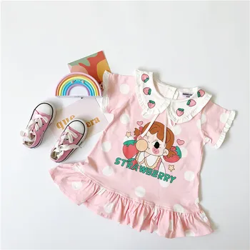 

Tonytaobaby Summer Cute Pink Polka Dot Strawberry Collar Cotton Dress Summer Girls' Children's Clothing