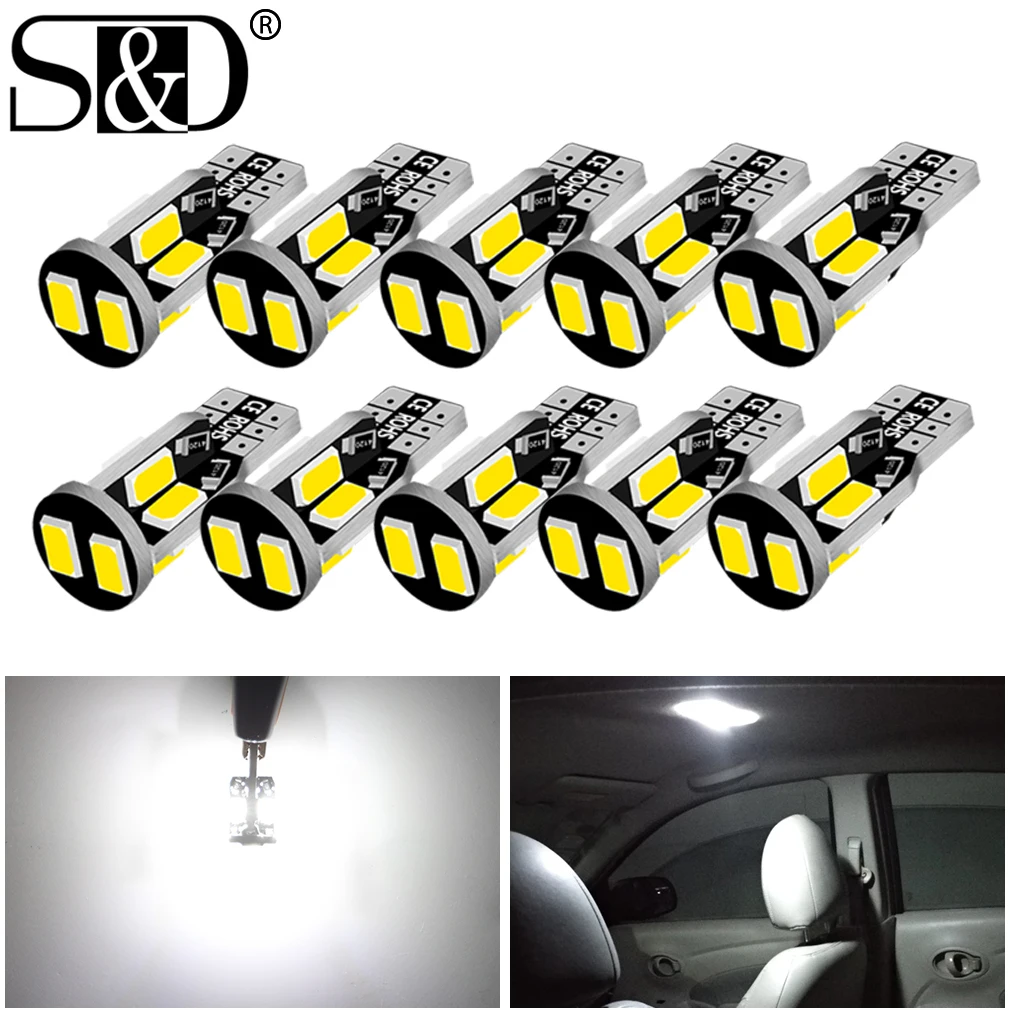 

10Pcs W5W T10 LED Canbus Bulb 10SMD 194 168 LED Car Interior Dome Reading Mirror Trunk Light Auto Lamp Red White Amber Blue 12V