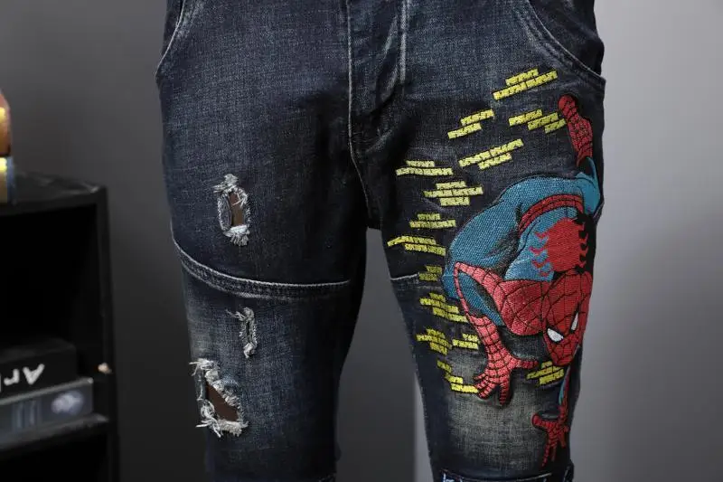 Индивидуальная саморазвитие эластичная сила прямо, канистра паук Chivalrous Вышивка джинсы мужские отверстия тренд длинные брюки