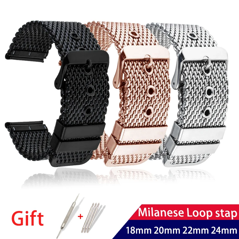 

18mm 20mm 22mm 24mm Milanese Mesh Watchband Stainless Steel Metal Strap Men Women 1.0/0.4mesh Pin Buckle Bracelet Accessories