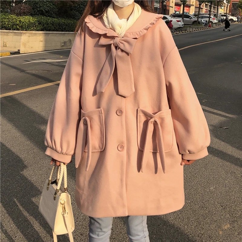 

Cute Bow Woolen Coat Women 2020 Autumn Winter Korea Long Sleeve Bowknot Student Loose Pink Outwear Kawaii Soft Girl Midi Jacket