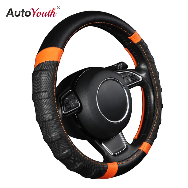 Anti-Slip & Odor-Free Universal 15 Inch Fit SHIAWASENA Car Steering Wheel Cover Leather Black&Brown 