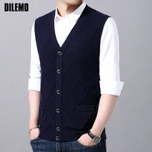 Шерсть модный жилет без рукавов свитер для мужчин кардиган с v-образным вырезом облегающие вязаные Джемперы корейский стиль повседневная мужская одежда