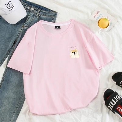 Женская Милая футболка Шиба ину, Модная белая футболка с принтом собаки из мультфильма, хлопковая Дизайнерская футболка с карманами, хлопковая Футболка Harajuku Homme - Цвет: pink