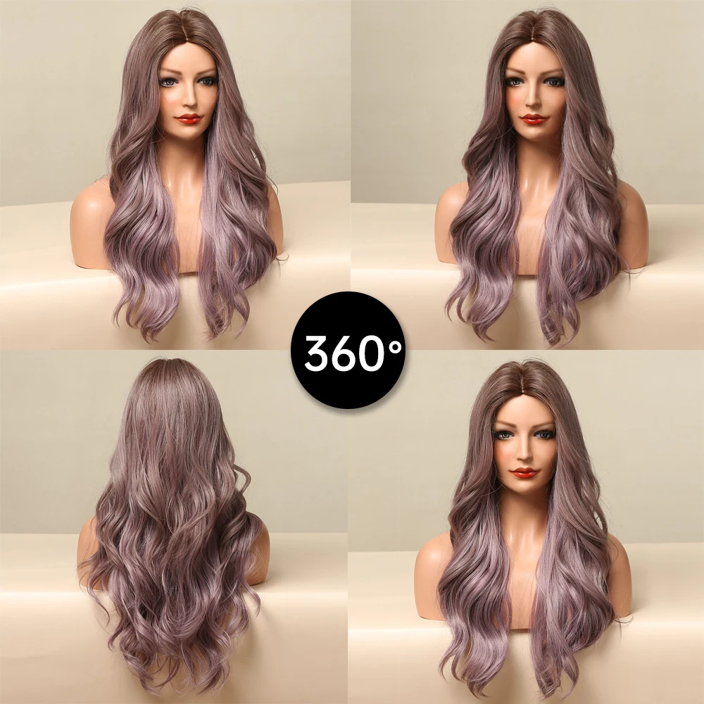 GEMMA Long Wavy Ombre Brown Purple Synthetic Wigs for Women Heat Resistant Natural Middle Part Cosplay Party Lolita Hair Wigs