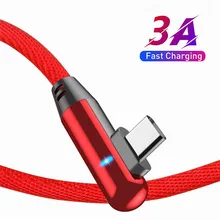Mobile Phone USB C LED Quick Charger Wire 90 Degree USB Type C Cable 3A Fast Charging Data Cord For Samsung Huawei Redmi Note 9
