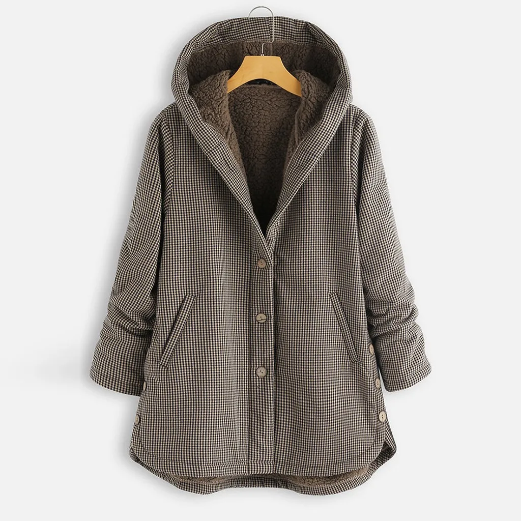 Womail пальто Зимние Модные теплые плюс размер плюшевые винтажные клетчатые Асимметричные пуговицы с капюшоном пальто женские куртки и пальто