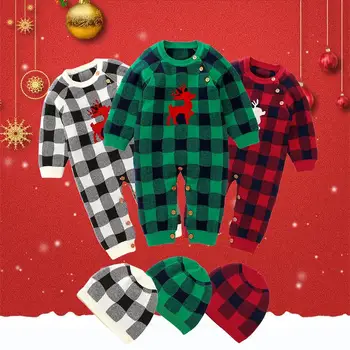 

Famuka Christmas Baby Jumpsuit Set Newborn Boys Girls Long-sleeved Plaid Cotton Rompers and Christmas Hat Ins Fashion Outfits Infant Xmas Clothing Sets for Autumn Winter