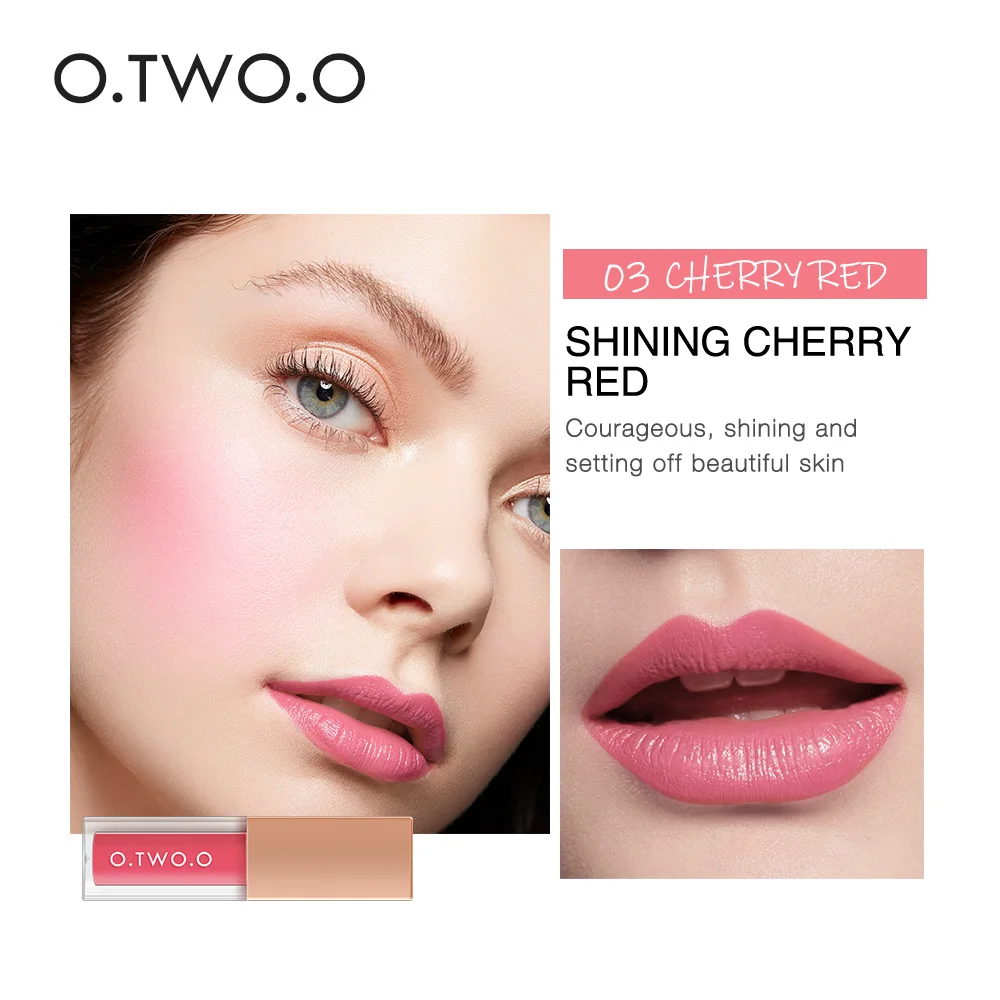 O.TWO.O 2 In 1 Lip Gloss+ Liquid Blusher Double Effect Long Lasting Waterproof 4 Colors Soft Silky Smooth Makeup - Цвет: 03 cherry red