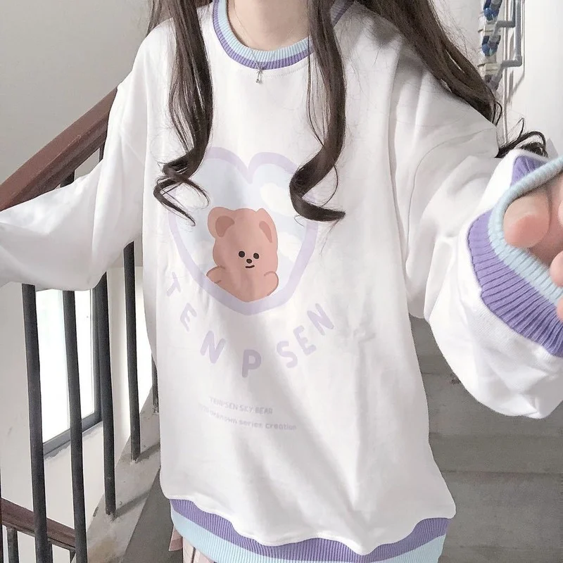 2021 Autumn Bear Hoodies Femme Patchwork Pullovers Sweatshirt Women Fashion Kawaii Clothes MINGLIUSILI Casual Long Sleeve Top