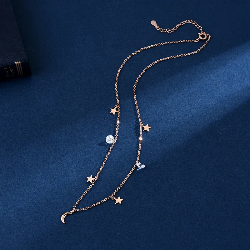 925 Sterling Silver Shiny CZ Stars & Moon Pendants Choker Necklace For Women Wedding Gift NK043 pendant necklace,silver necklace,silver pendant