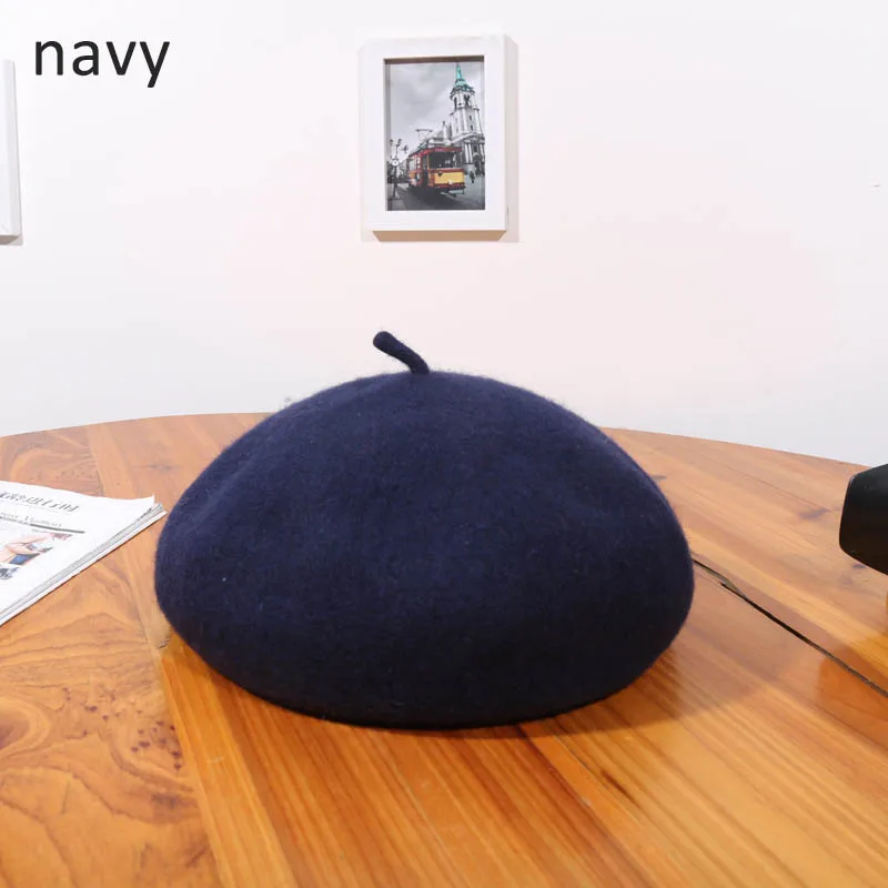 navy Зимний шерстяной берет, женские шапки в стиле художника, винтажная Женская кепка, теплая прогулочная Кепка - Цвет: navy