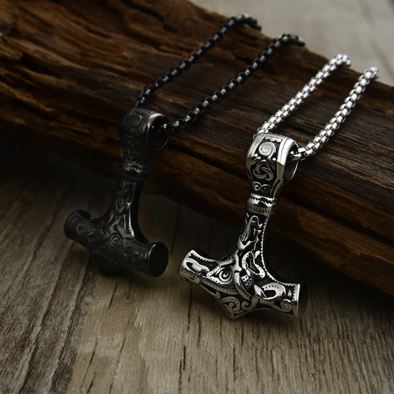 Men's Thor hammer Mjolnir Pendant Necklace Stainless Steel viking scandinavian Norse Viking Necklace Jewelry 24"Chain for Man