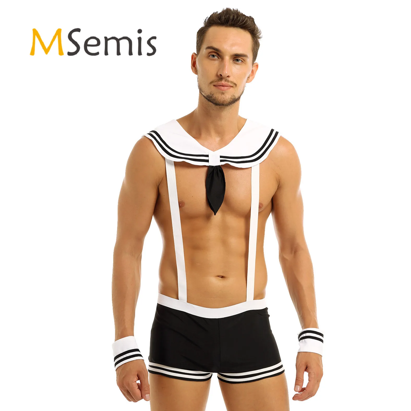 MSemis Mens Sexy Sailor Costume Overalls Cosplay Underwear Set Suspenders Boxer with Collar Cuffs Captain Uniform Costumes