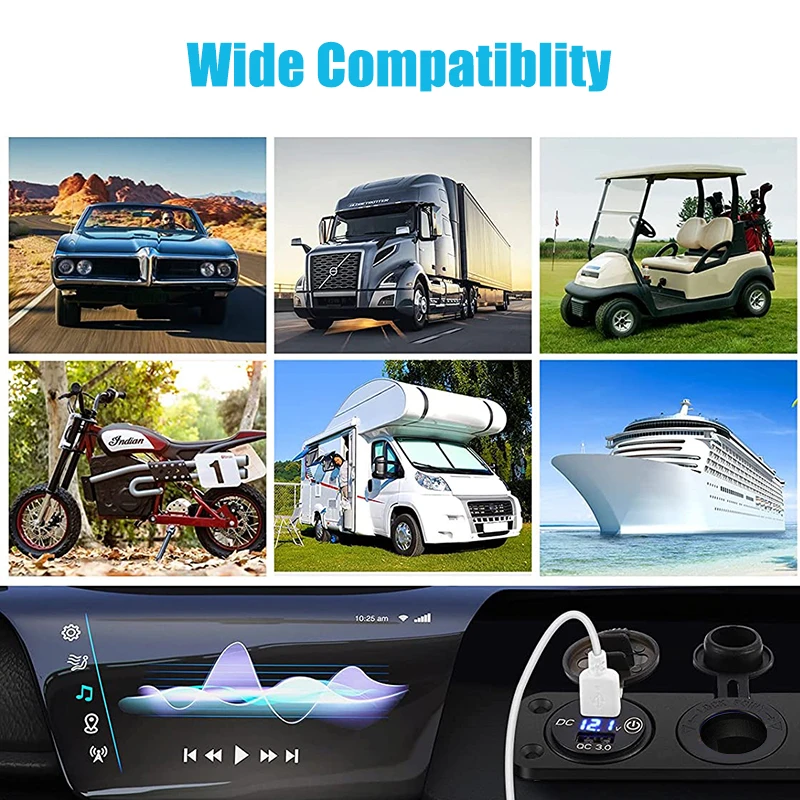 Quick Charge 3.0 Cigarette Lighter Outlet Waterproof 12V/24V Dual USB Car Socket with LED Voltmeter Touch Switch for Car RV Boat 5
