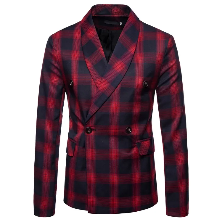 Spring and Autumn New Men's Double-breasted Slim Suit Large Size Casual Plaid Suit Jacket Men's Jacket Smart Casual suit jacket