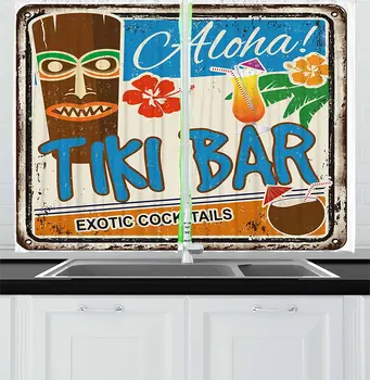 

Kitchen Curtains Rusty Vintage Sign Cocktails and Coconut Drink Window Drapes Panel for Kitchen Cafe Decor