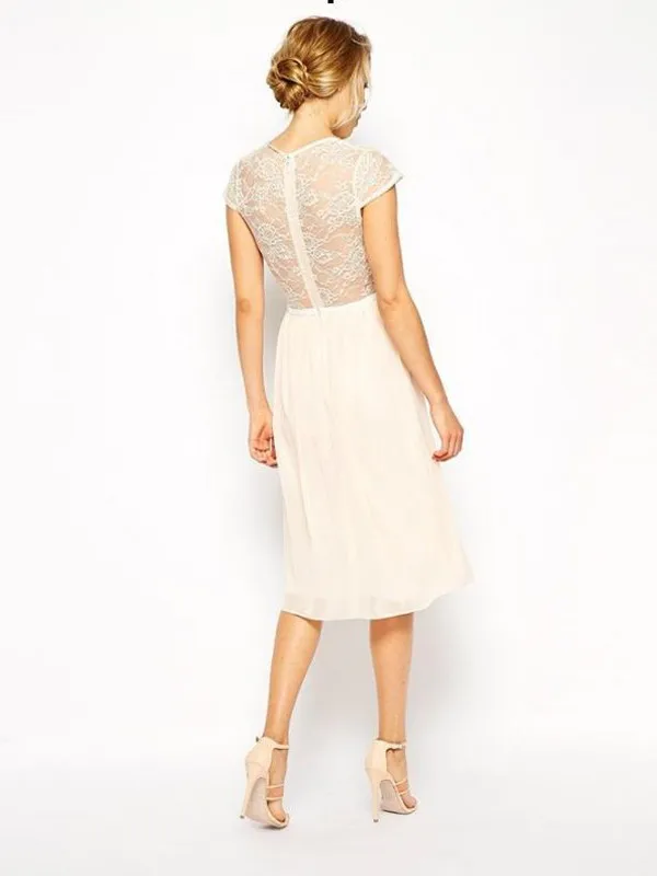 Knee Length V Neck Chiffon bridal party gown With Lace Top And Cap Sleeves Custom Made Size bridesmaid dresses