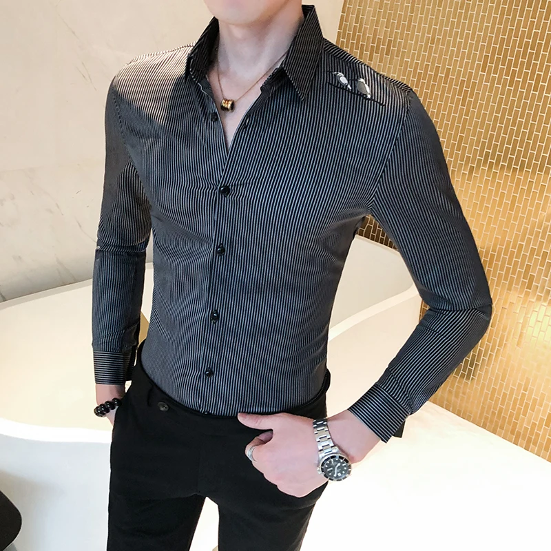 

Spring British Style Men's Long Sleeve Shirt Casual Slim Striped Shirts Embroidered Mens Formal Business Shirts Camisa Masculina