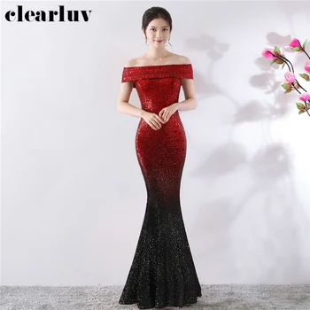 

Long Mermaid Evening Dresses 2020 Sequins Plus Size Formal Gowns DX302 Off The Shoulder Robe De Soiree Slim Women Party Dresses