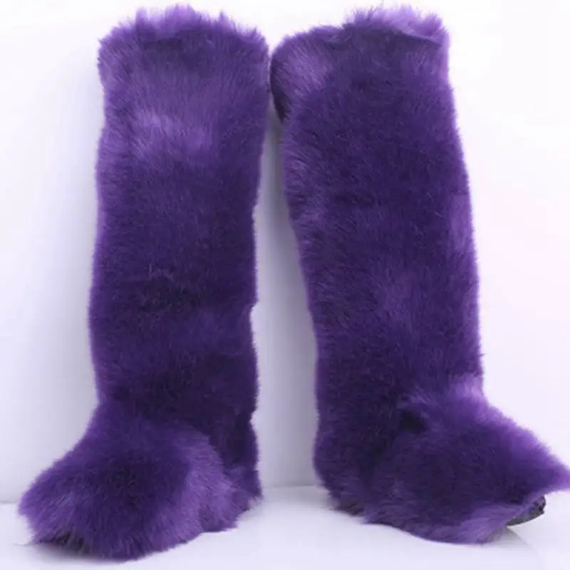 ORCHA LISA/зимние женские сапоги выше колена; Натуральная шерсть; страусиные перья; пушистый мех; плоская подошва; плюшевая Теплая Лыжная Уличная обувь; botte - Цвет: Purple