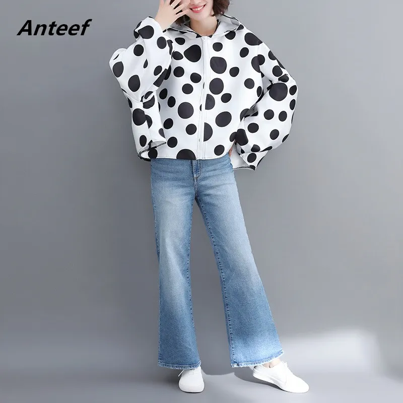satin plus size vintage Polka Dot hoodie casual Loose Oversized spring Autumn Coat Women Jacket Zipper Clothes 2020 Cardigan | Женская