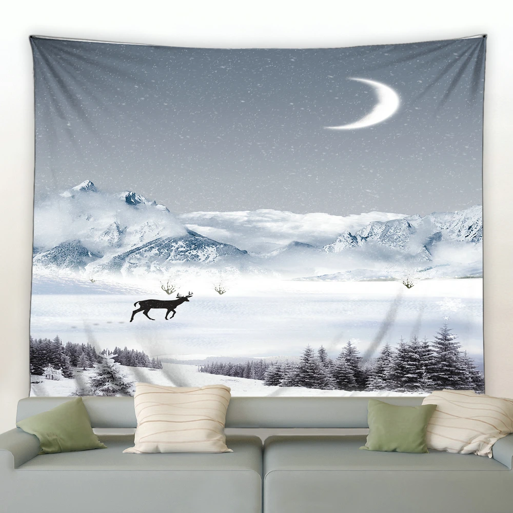 

Winter Landscape Print Tapestry Elk Moon Sunlight Forest Wall Hanging Big Tapestries Art Living Room Bedroom Background Blanket