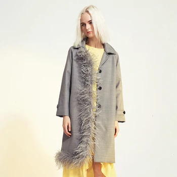 

2019 New Fashion Tide Autumn Winter Lapel Long Sleeve Loose Fit Windbreaker Women Feather Spliced Asymmetric Trench Coat