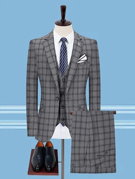 

Slim Fit Suit For Men Brazer +Vest+ Pants 3pcs Fashion Style Checked Jacket Wedding Groom Casual Male Costume The New Listing