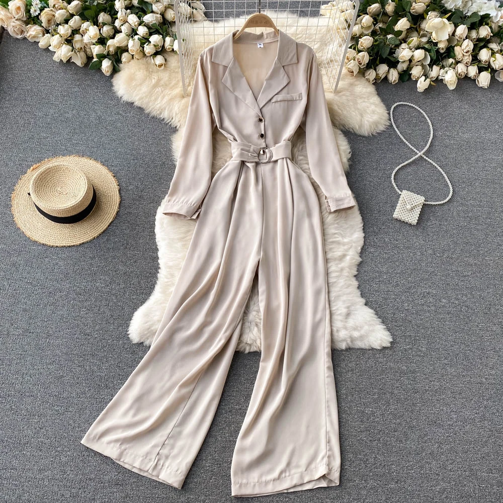 Elegant Jumpsuits Women V-neck High Waist Belt Slim Wide Leg Pants Single Breasted OL Style Solid Female Set |
