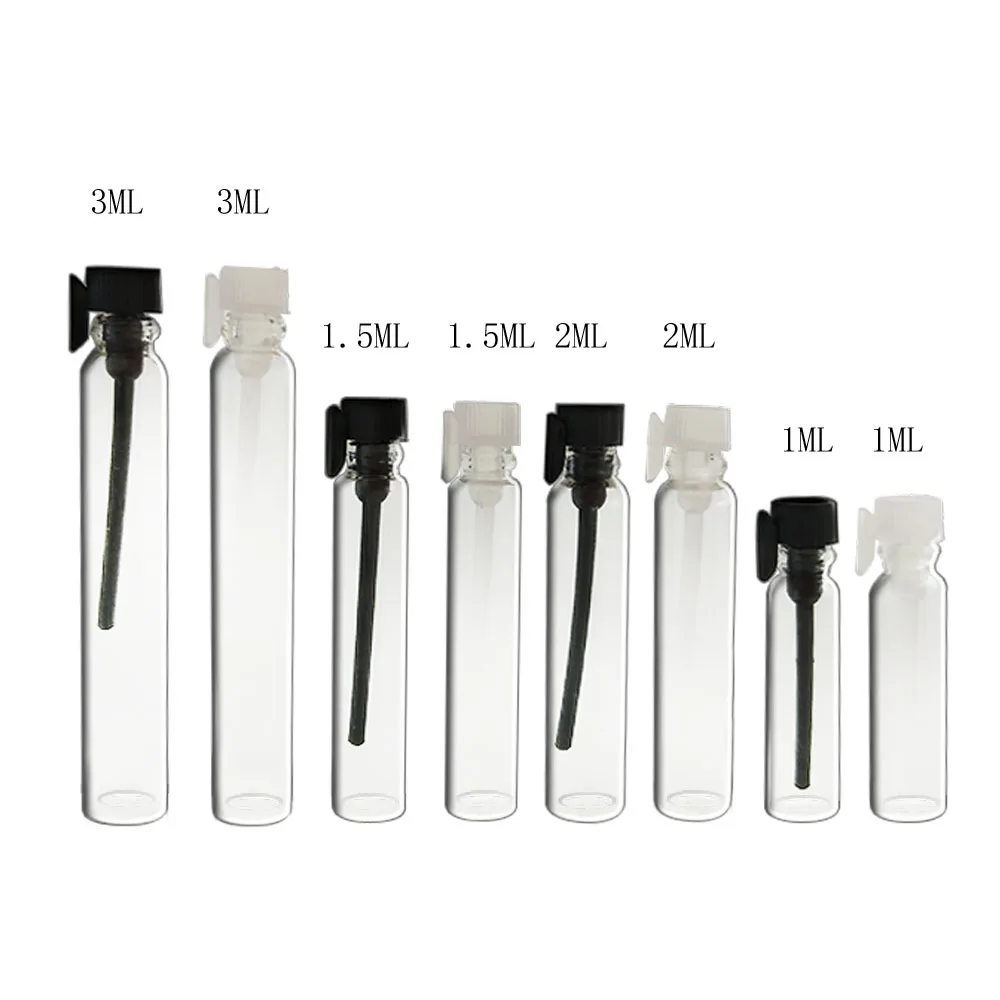 

100 x Portable 1ML 1.5ML 2ML 3ML glass perfume bottle parfume sample vials tester trial Perfume bottle with Clear Black Stoppers