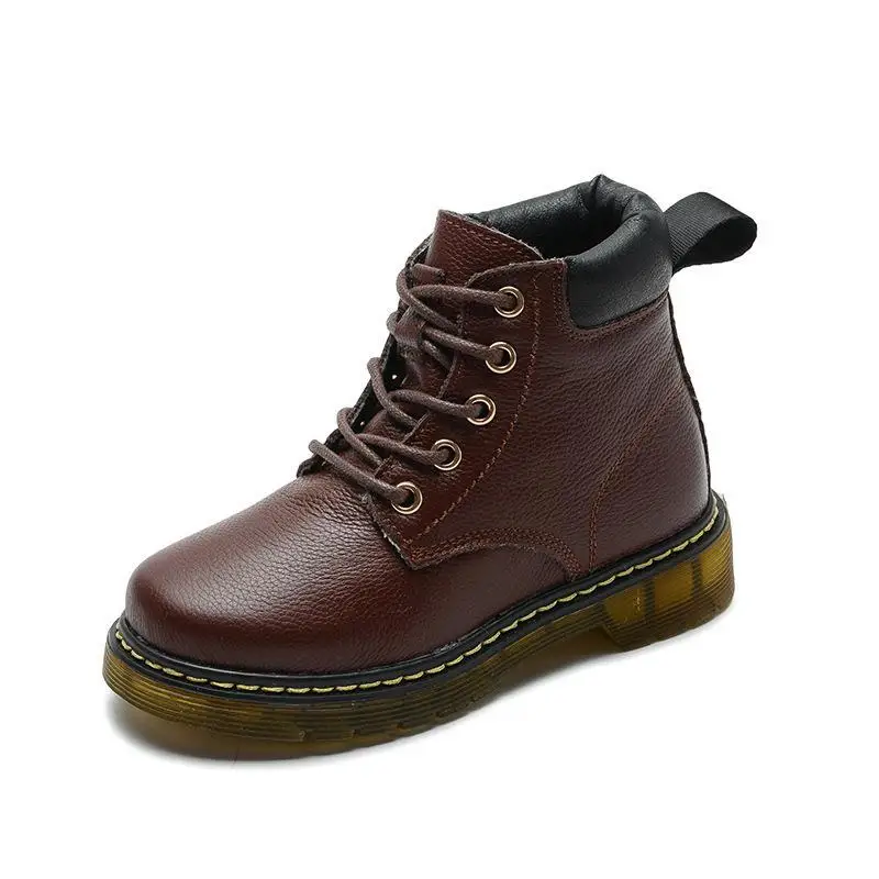 

2019 Children Winter Genuine Leather Boots For Boygirls Vintage Martin Boots Plush Warm Ankle Boots kids Snow Waterproof Shoes
