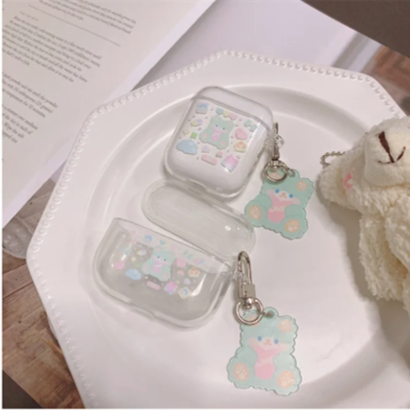 Мультяшный медведь подвеска Жесткий ПК для airpod pro Чехол Брелок прозрачный
