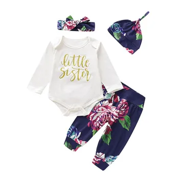 

Autumn Baby Girl Long Sleeve Letters Romper Tops Floral Trousers Hat Headband Outfits Clothes