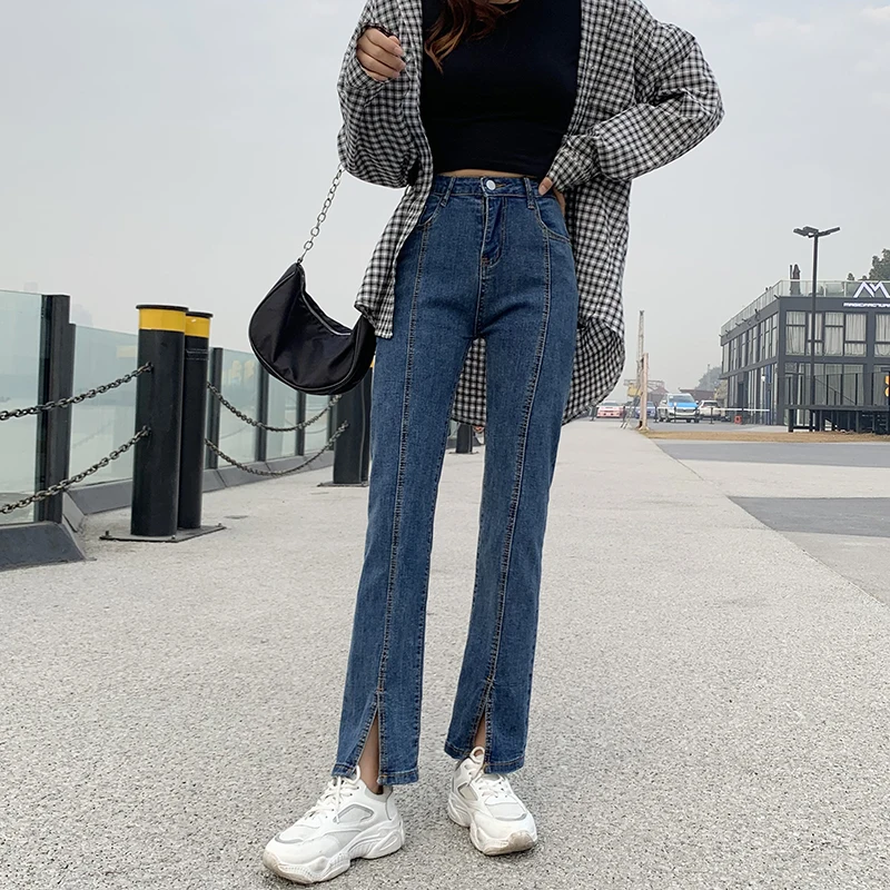 

High waisted blue split jeans women's spring and autumn straight slim slim slim figure split wide leg pants