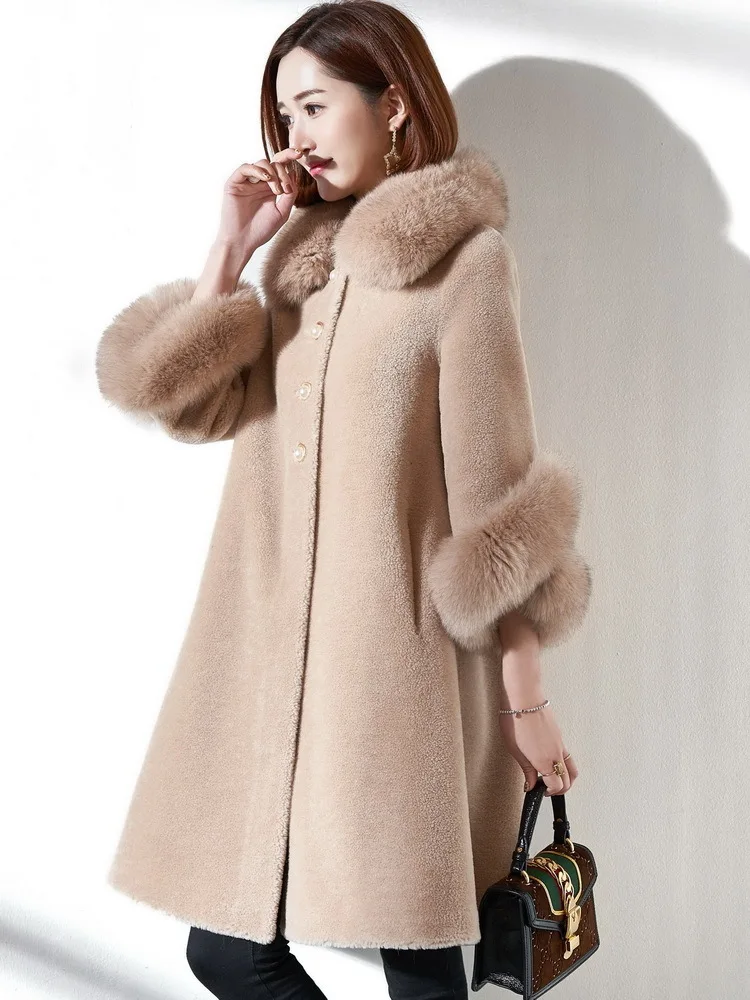 

Fur Real Coat Female Sheep Shearling Fur Korean Jackets 2020 Winter Jacket Women Fox Fur Collar Long Wool Coat MY3531
