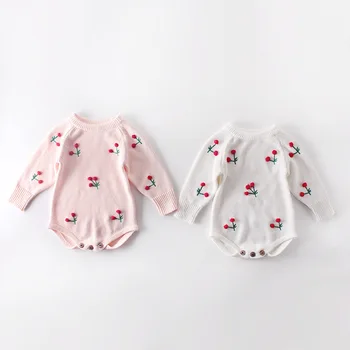 

Spring Autumn Newborn Baby Girls Bodysuits Cotton Knitted Cherry Embroidery Toddlers Jumpsuits Long Sleeve Cute Infants Sweaters
