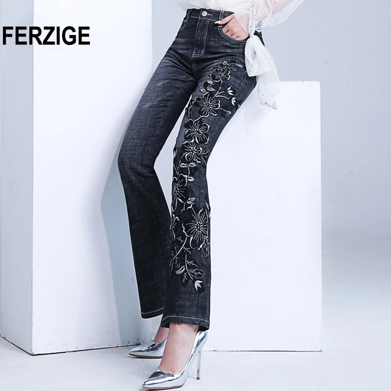 FERZIGE Women Jeans with Embroidery Manual Embroidered Black Blue High Waist Denim Pants Hand Beads Bell Bottom Stretch Female |