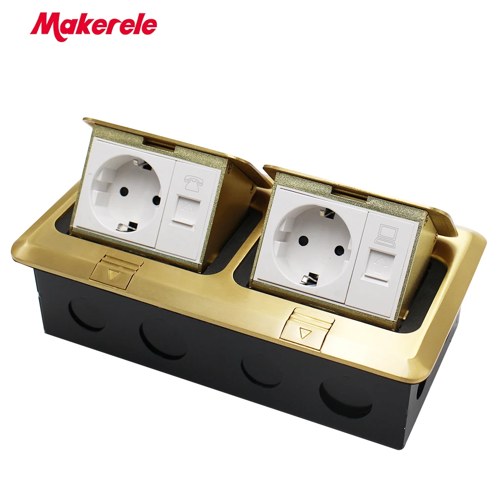 

Floor Socket EU Standard multipurpose Pop Up Outlet Box dual socket with internet and phone ports alloy panel Makerele