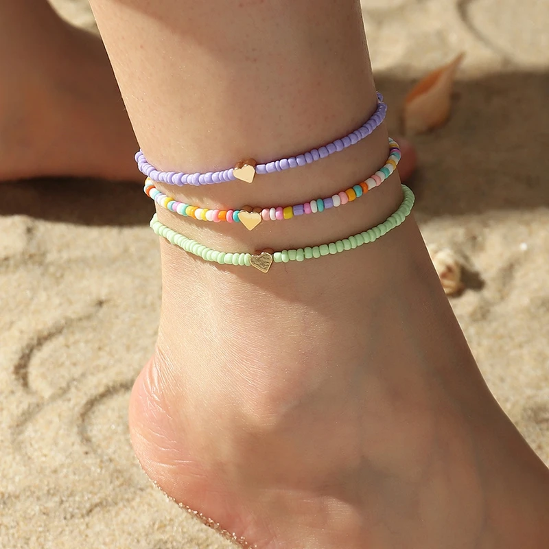 Tobilleras de corazón para mujer y niña, joyería de sandalias descalzas de playa con cuentas bohemias, pulsera en la pierna, Correa colorida para el tobillo|Tobilleras| - AliExpress