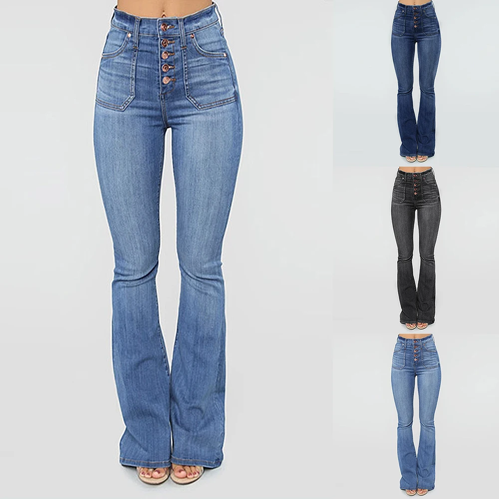 Женские Модные узкие джинсы на пуговицах, повседневные женские длинные джинсовые брюки, тонкие расклешенные джинсы с эффектом потертости